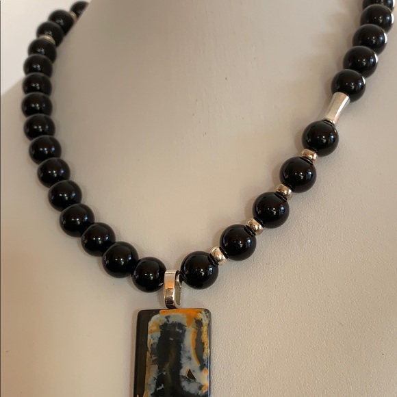 Black Onyx Necklace With Fire Agate Pendant - Picture 8 of 8